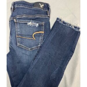 American Eagle Super Stretch Distressed Raw Hem Skinny Jeans Dark Wash Womens 30